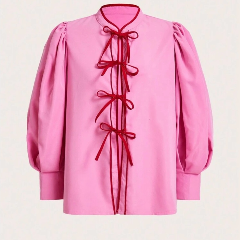 SHEIN Pink Puff Sleeve Blouse with Red Trim & Bow Ties - Picture 3 of 6